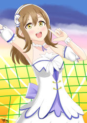 Rule 34 | 1girl, absurdres, artist name, artist request, back bow, bare shoulders, blue sky, blush, bow, breasts, brightest melody, brown eyes, brown hair, cleavage, cloud, collarbone, detached collar, dress, earrings, female focus, flower, frilled dress, frills, hair between eyes, hair bow, hair flower, hair ornament, hair ribbon, hairband, highres, jewelry, kunikida hanamaru, layered skirt, light brown hair, long hair, looking at viewer, love live!, love live! school idol festival, love live! sunshine!!, medium breasts, miniskirt, outdoors, parted lips, plaid, plaid dress, plaid skirt, pleated, pleated dress, pleated skirt, puffy short sleeves, puffy sleeves, purple bow, ribbon, short sleeves, skirt, sky, smile, solo, white bow, white detached collar, white dress, white hairband, white ribbon, white skirt, white wrist cuffs, wrist cuffs, yellow eyes