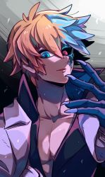 Rule 34 | 1boy, blonde hair, blue eyes, blue hair, claws, collarbone, dragon claw, dragon install, guilty gear, guilty gear strive, hair between eyes, heterochromia, highres, jacket, jacket on shoulders, ky kiske, looking at viewer, mako gai, male focus, multicolored hair, open mouth, pectorals, red eyes, slit pupils, transformation, two-tone hair, upper body, white jacket