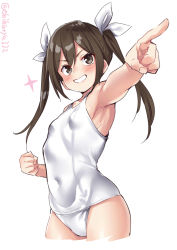 Rule 34 | 1girl, alternate costume, armpits, bare shoulders, blush, breasts, brown hair, collarbone, covered navel, cowboy shot, ebifurya, covered erect nipples, grin, hair between eyes, hair ribbon, highres, kantai collection, long hair, looking to the side, one-piece swimsuit, outstretched arm, pointing, ribbon, school swimsuit, simple background, small breasts, smile, solo, swimsuit, thighs, tone (kancolle), twintails, twitter username, white background, white school swimsuit, white one-piece swimsuit