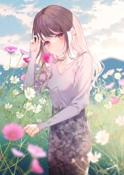 Rule 34 | 1girl, black skirt, blue sky, blurry, blurry foreground, breasts, brown hair, closed mouth, cloud, cloudy sky, collarbone, commentary request, day, depth of field, eyebrows hidden by hair, floral print, flower, grey shirt, hand up, highres, japanese clothes, kimono, long hair, long sleeves, looking at viewer, myusha, nail polish, original, outdoors, pink nails, print kimono, red eyes, shirt, skirt, sky, sleeves past wrists, small breasts, smile, solo, white flower