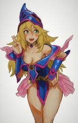 Rule 34 | 1girl, bare shoulders, blonde hair, blush stickers, breasts, cleavage, crossed fingers, dark magician girl, duel monster, green eyes, grey background, hat, highres, large breasts, long hair, mossacannibalis, open mouth, simple background, smile, solo, wizard hat, yu-gi-oh!