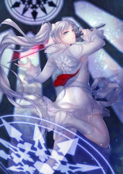 Rule 34 | 1girl, blue eyes, boots, dress, floating hair, highres, holding, holding sword, holding weapon, leg up, long hair, long sleeves, minazuki utciha, myrtenaster, parted lips, rwby, short dress, side ponytail, solo, sword, very long hair, weapon, weiss schnee, white dress, white footwear, white hair