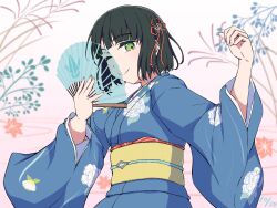 1girl ;) black_hair blue_kimono blunt_bangs blunt_ends breasts commentary_request flower flower_knot folding_fan green_eyes hair_flower hair_ornament hand_fan highres holding holding_fan japanese_clothes kimono link!_like!_love_live! long_sleeves love_live! matsu_038 medium_breasts momose_ginko official_alternate_costume one_eye_closed short_hair smile solo virtual_youtuber white_background wide_sleeves yukata