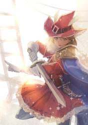 Rule 34 | 10s, 1girl, arcana dueler (granblue fantasy), belt, black legwear, blonde hair, blue cape, cape, dagger, djeeta (granblue fantasy), feathers, gloves, granblue fantasy, hat, highres, holding, holding weapon, knife, leg up, long sleeves, looking at viewer, naruse chisato, open mouth, red hat, sheath, sheathed, short hair, skirt, smile, solo, sparkle, sword, weapon, white gloves, yellow eyes