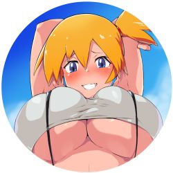 Rule 34 | 1girl, :d, alternate breast size, armpits, arms up, blue eyes, blue sky, blush, breasts squeezed together, breasts, cleavage, creatures (company), day, game freak, half-closed eyes, highres, large breasts, looking at viewer, misty (pokemon), nintendo, open mouth, orange hair, pokemon, pokemon (anime), short ponytail, sima (startwitch), sky, sleeveless, smile, teeth, underboob, wavy mouth