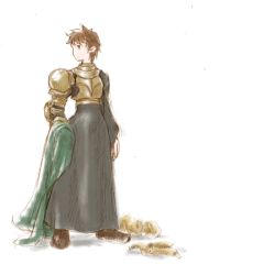 Rule 34 | 1girl, androgynous, arm at side, armor, asymmetrical clothes, black dress, breastplate, brown eyes, brown footwear, brown hair, dress, final fantasy, final fantasy tactics, full body, holding, koume-i, long sleeves, looking away, looking to the side, meliadoul tengille, robe, shoes, short hair, shoulder pads, simple background, sketch, solo, standing, white background