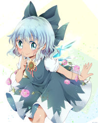 Rule 34 | 1girl, absurdres, blue bow, blue dress, blue eyes, blue hair, blush, bow, cirno, dress, eyebrows, finger to cheek, flower, hair between eyes, hair bow, hidden star in four seasons, highres, ice, ice wings, kuromame (8gou), leaf, looking at viewer, plant, short hair, short sleeves, smile, solo, sunflower, tan, tanned cirno, touhou, vines, wings