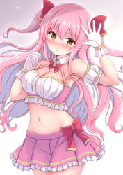 Rule 34 | 1girl, arm up, armpits, bare shoulders, blush, bow, bowtie, breasts, cleavage, cowboy shot, crop top, detached collar, detached sleeves, embarrassed, floating hair, frilled skirt, frills, gloves, gradient background, hair bow, halterneck, hand up, highres, long hair, looking at viewer, medium breasts, midriff, miniskirt, navel, nose blush, original, pink hair, pink skirt, pleated skirt, sakuraume, short sleeves, skirt, smile, solo, stomach, sweat, tearing up, two side up, white background, white gloves