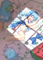 Rule 34 | 1girl, bare legs, barefoot, bloomers, blue dress, blue hair, character doll, cirno, curled fingers, daiyousei, dress, drooling, flower, food, frozen frog, fruit, glint, hair between eyes, hair ribbon, highres, ice, lying, midriff, morning glory, navel, on floor, on side, open mouth, pillow, pinafore dress, plant, popsicle, puffy short sleeves, puffy sleeves, ribbon, unworn ribbon, shirt, short hair, short sleeves, sleeping, sleeveless dress, solo, sunlight, touhou, underwear, vines, watermelon, white shirt, wings, zize