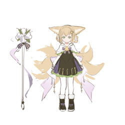 Rule 34 | 1girl, absurdres, animal ear fluff, animal ears, arknights, bell, black dress, black footwear, boots, bow, capelet, closed mouth, detached sleeves, dress, fox ears, fox girl, fox tail, frilled capelet, frills, green eyes, hair ornament, hairclip, highres, long sleeves, looking at viewer, pantyhose, purple bow, shio (shiofeifei), simple background, solo, staff, standing, star (symbol), star hair ornament, striped, striped bow, suzuran (arknights), tail, white background, white capelet, white pantyhose, white sleeves