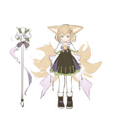 1girl absurdres animal_ear_fluff animal_ears arknights bell black_dress black_footwear boots bow capelet closed_mouth detached_sleeves dress fox_ears fox_girl fox_tail frilled_capelet frills green_eyes hair_ornament hairclip highres long_sleeves looking_at_viewer pantyhose purple_bow shio_(shiofeifei) simple_background solo staff standing star_(symbol) star_hair_ornament striped_bow suzuran_(arknights) tail white_background white_capelet white_pantyhose white_sleeves