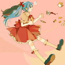Rule 34 | !, 1girl, blue eyes, blue hair, bow, cookie, cracker, cup, food, frilled skirt, frills, hatsune miku, mary janes, open mouth, pink background, plate, puffy sleeves, red bow, red skirt, ryu04869, shoes, short sleeves, skirt, bow legwear, socks, solo, spilling, spoken exclamation mark, tea, teacup, teapot, teeth, twintails, upper teeth only, vocaloid