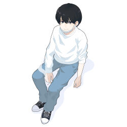 Rule 34 | 1boy, black eyes, black footwear, black hair, blue pants, bright pupils, cigarette, denim, from above, full body, highres, invisible chair, jeans, long sleeves, looking at viewer, male focus, mask, miko35, mouth mask, nostrils, original, pants, shirt, shoes, short hair, simple background, sitting, smile, smoking, sneakers, solo, white background, white pupils, white shirt