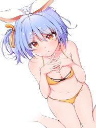 Rule 34 | 1girl, absurdres, bare arms, bare shoulders, bikini, blue eyes, blue hair, blue nails, bow, breasts, cleavage, closed mouth, eyebrows hidden by hair, eyelashes, from above, hair between eyes, hair bow, hair ribbon, hands on own chest, hands up, heart, heart-shaped pupils, highres, hololive, interlocked fingers, light blush, looking at viewer, looking up, maccaron61, nail polish, navel, one side up, orange eyes, orange ribbon, own hands together, ribbon, short eyebrows, short hair, simple background, sitting, small breasts, solo, string bikini, swimsuit, symbol-shaped pupils, thick eyebrows, thigh gap, usada pekora, virtual youtuber, wariza, white background, white bow, yellow bikini