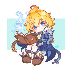 Rule 34 | 1boy, ahoge, aqua background, artist name, blonde hair, blue eyes, blue gloves, blue jacket, blue socks, blush, book, boots, brown footwear, closed mouth, commentary request, earrings, fold-over boots, genshin impact, gloves, grey shorts, hair between eyes, head tilt, holding, holding book, hood, hood down, hoodie, jacket, jewelry, kmpukka, knees up, long sleeves, looking at viewer, male focus, mika (genshin impact), necktie, open book, short hair, shorts, sidelocks, signature, simple background, smile, socks, solo, split mouth, stud earrings, twitter username, white background, white hoodie, yellow necktie