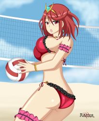 Rule 34 | 1girl, absurdres, arm strap, ass, ball, bikini, blush, breasts, butt crack, collar, earrings, gem, hair between eyes, hair ornament, headpiece, highres, holding, holding ball, jewelry, large breasts, looking at viewer, nintendo, pyra (xenoblade), raptorthekiller, red bikini, red eyes, red hair, ribbon, short hair, solo, swept bangs, swimsuit, thigh strap, tiara, volleyball, volleyball (object), volleyball net, xenoblade chronicles (series), xenoblade chronicles 2