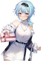 Rule 34 | 1girl, bag, bare shoulders, belt, black belt, black jacket, blue hair, blush, closed mouth, cowboy shot, dress, eula (genshin impact), genshin impact, gift, giving, handbag, highres, holding, holding bag, holding gift, jacket, jewelry, looking at viewer, medium hair, multicolored eyes, necklace, off shoulder, open clothes, open jacket, pudding cream, purple eyes, sidelocks, simple background, solo, standing, turtleneck, turtleneck dress, valentine, white background, white bag, white dress, white nails