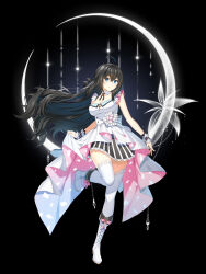 Rule 34 | 1girl, ahoge, back bow, black background, black bow, black hair, blue eyes, boots, bow, braid, breasts, cleavage, closers, crescent, cross-laced footwear, cross tie, detached collar, dress, dress bow, flower, foot up, footwear bow, french braid, frilled bracelet, full body, hair between eyes, hair bow, high heel boots, high heels, highres, knee boots, lace, lace-trimmed legwear, lace-up boots, lace trim, large breasts, long hair, looking at viewer, official art, pink bow, short dress, skirt hold, sleeveless, sleeveless dress, smile, solo, standing, standing on one leg, striped clothes, striped dress, tachi-e, thighhighs, vertical-striped clothes, vertical-striped dress, very long hair, white bow, white dress, white flower, white footwear, white thighhighs, yuri seo