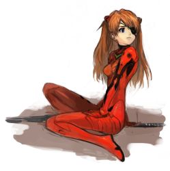 Rule 34 | 10s, 1girl, bad id, bad pixiv id, blue eyes, bodysuit, evangelion: 3.0 you can (not) redo, eyepatch, from side, full body, hair ornament, hand on own thigh, interface headset, kuzuvine, neon genesis evangelion, one eye covered, orange hair, plugsuit, rebuild of evangelion, red bodysuit, simple background, sitting, solo, souryuu asuka langley, white background