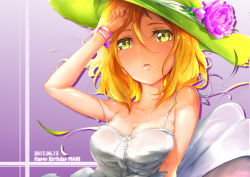 Rule 34 | 1girl, arm up, text background, blonde hair, bracelet, breasts, cleavage, concert, dress, flash game, flower, green eyes, green headwear, hat, highres, idol, jewelry, looking at viewer, love live!, love live! school idol festival, love live! sunshine!!, ohara mari, purple background, purple flower, renze l, sweat, white dress