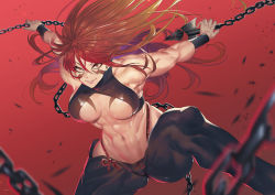 Rule 34 | 1girl, abs, bare shoulders, breast tattoo, breasts, breasts apart, chain, facial tattoo, feet out of frame, fuuma kotarou (tenkaichi), highres, kusari-fundo, large breasts, long hair, muscular, muscular female, navel, orange eyes, outstretched arms, parted lips, red background, red eyes, red hair, revealing clothes, shuriken, simple background, sleeveless, smile, solo, spread arms, stomach, tattoo, teddy (khanshin), teeth, tenkaichi nihon saikyou bugeisha ketteisen, weapon