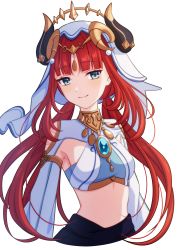 Rule 34 | 1girl, absurdres, blue eyes, breasts, closed mouth, forehead jewel, genshin impact, highres, horns, long hair, looking at viewer, low twintails, midriff, navel, nilou (genshin impact), pochimaru (marumaru wanwan), red hair, simple background, smile, solo, twintails, white background