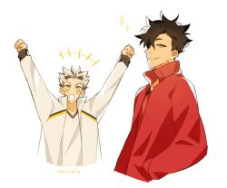 Rule 34 | 2boys, arms up, asymmetrical bangs, black hair, bokuto koutarou, claireiosity, collarbone, eyebrows, haikyuu!!, hands in pockets, happy, highres, jacket, kuroo tetsurou, light blush, long sleeves, looking at viewer, male focus, multicolored hair, multiple boys, open mouth, pale skin, red jacket, red shirt, shirt, short hair, shouting, sleeves past elbows, smile, smirk, spiked hair, teeth, track jacket, track suit, two-tone hair, white background, white hair, white jacket, white shirt, yellow eyes