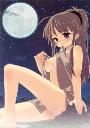 Rule 34 | 1girl, absurdres, breasts, brown hair, cleavage, full moon, highres, legs, moon, mouth hold, naked towel, onsen, ponytail, purple eyes, towel, tsukigami runa