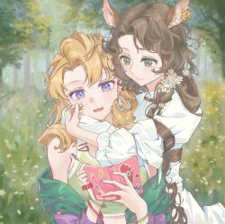 Rule 34 | 2girls, animal ears, arm strap, arms around neck, blonde hair, blonney, blue eyes, book, bracelet, brown hair, centaur, closed mouth, collared dress, commentary, crop top, dress, ear tag, earrings, flower, forest, grass, green jacket, green tank top, hair flower, hair ornament, heart, highres, holding, holding book, holding pen, horse ears, hug, hug from behind, jacket, jessica (reverse:1999), jewelry, long hair, multicolored clothes, multicolored jacket, multiple girls, nature, off shoulder, outdoors, parted lips, pen, purple jacket, red nails, reverse:1999, rokilly, smile, tank top, taur, tree, two-tone jacket, upper body, white dress, white flower, yuri