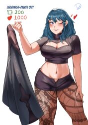 Rule 34 | 1girl, absurdres, black shirt, black shorts, blue eyes, blue hair, blush, breasts, byleth (female) (fire emblem), byleth (fire emblem), cleavage, cleavage cutout, clothing cutout, commentary, crop top, deliciousbrain, feet out of frame, fire emblem, fire emblem: three houses, grin, hand up, highres, large breasts, long hair, looking at viewer, midriff, navel, nintendo, one eye closed, pantyhose, pantyhose under shorts, shirt, short shorts, short sleeves, shorts, simple background, smile, solo, standing, stomach, white background