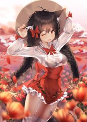 Rule 34 | 1girl, ;d, ajirogasa, animal ears, arms up, black bra, black hair, blurry, blurry foreground, bow, bowtie, bra, braid, breasts, cat ears, cloud, flower, garter straps, hair bow, hat, highres, kinty, long hair, looking at viewer, medium breasts, miniskirt, one eye closed, open mouth, original, outdoors, petals, red bow, red bowtie, red eyes, red skirt, sash, see-through, shirt, skirt, smile, solo, thighhighs, twin braids, underwear, white shirt, white thighhighs