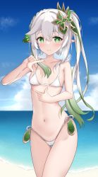 Rule 34 | 1girl, alternate costume, bare arms, bare shoulders, beach, bikini, blue sky, braid, breasts, closed mouth, cloud, colored tips, cowboy shot, day, genshin impact, gradient hair, green hair, hair ornament, highres, leaf hair ornament, long hair, looking at viewer, multicolored hair, nahida (genshin impact), navel, nyuu (pixiv12143565), ocean, outdoors, pointy ears, sand, side-tie bikini bottom, side ponytail, sidelocks, sky, small breasts, smile, solo, stomach, string bikini, swimsuit, thighs, two-tone hair, water, white bikini, white hair