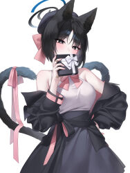 Rule 34 | 1girl, absurdres, animal ears, black eyes, black hair, black jacket, black skirt, blue archive, blue halo, blush, box, breasts, cat ears, cat tail, gift, gift box, halo, highres, holding, holding gift, jacket, kikyou (blue archive), long sleeves, looking at viewer, medium breasts, multiple tails, open clothes, open jacket, raki kr, shirt, short hair, simple background, skirt, solo, tail, two tails, valentine, white background, white shirt