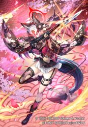 Rule 34 | 1girl, animal ears, black footwear, black gloves, black hair, black thighhighs, blue archive, boots, breasts, fingerless gloves, floral print, fox ears, fox girl, fox mask, fox tail, garter straps, gloves, glowing, hair ornament, hokuyuu, holding, holding weapon, japanese clothes, leg up, long hair, mask, medium breasts, multicolored hair, official art, petals, red hair, red socks, single sock, single thighhigh, socks, solo, tail, thigh strap, thighhighs, very long hair, wakamo (blue archive), weapon, wide sleeves, wixoss
