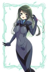 Rule 34 | 1girl, :d, blush, border, commission, covered navel, fortified suit, green border, green hair, head tilt, kamon rider, kazama touko, looking to the side, muv-luv, muv-luv alternative, muv-luv alternative (anime), open mouth, pilot suit, purple eyes, skeb commission, skin tight, smile, solo, white background