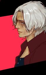 Rule 34 | 1boy, beard stubble, black shirt, blue eyes, buttons, dante (devil may cry), devil may cry (series), facial hair, high collar, highres, jacket, light smile, male focus, nini tw99, red background, red jacket, shirt, short hair, smile, solo, stubble, white hair