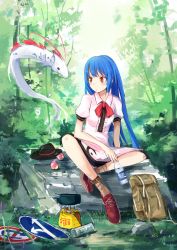 Rule 34 | 1girl, backpack, bad id, bad pixiv id, bag, bare legs, blue hair, bottle, bow, bowtie, creature, fish, flying, food, forest, fruit, frying pan, hat, highres, hinanawi tenshi, long hair, looking to the side, nagae iku, nagae iku (fish), nature, oarfish, outdoors, peach, plant, puffy short sleeves, puffy sleeves, red bow, red bowtie, red eyes, road sign, rock, saucepan, scales, short sleeves, sign, sitting, tetsurou (fe+), touhou, tree, very long hair, water bottle