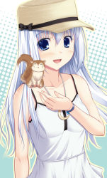 Rule 34 | 1girl, :d, animal, animal on shoulder, blue eyes, blush, collarbone, crescent, dress, hat, hat ribbon, jewelry, long hair, miyai sen, necklace, open mouth, original, outline, ribbon, silver hair, simple background, smile, solo