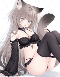 1girl animal_ears ass bare_shoulders black_bra black_choker black_panties black_thighhighs blue_eyes bra breasts brown_hair cat_ears cat_girl cat_tail choker detached_sleeves feet_out_of_frame frilled_bra frilled_choker frilled_panties frilled_sleeves frills gradient_hair halterneck highres holding_own_tail knees_up lingerie long_hair long_sleeves looking_at_viewer medium_breasts mole mole_under_mouth multicolored_hair navel original panties parted_lips shano_hiyori slit_pupils solo stomach string_bra string_panties tail tail_raised thick_eyebrows thigh_strap thighhighs thighs underwear underwear_only very_long_hair white_background