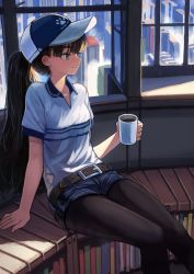 Rule 34 | 1girl, arm support, baseball cap, belt, belt buckle, black hair, black pantyhose, blush, book, brown eyes, buckle, cityscape, closed mouth, clothes writing, coffee, coffee mug, collared shirt, commentary request, cup, day, denim, denim shorts, earrings, feet out of frame, hat, highres, holding, holding cup, indoors, jewelry, kaneni, leaning back, long hair, looking away, looking to the side, mug, original, pantyhose, pantyhose under shorts, ponytail, shirt, short shorts, short sleeves, shorts, sitting, smile, solo, very long hair, white shirt, window