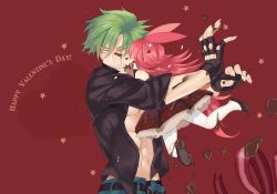 Rule 34 | 1boy, 1girl, chocolate, flaky (happy tree friends), flippy (happy tree friends), green hair, happy tree friends, kab00m chuck, long hair, military, military uniform, personification, red eyes, red hair, short hair, simple background, uniform, valentine