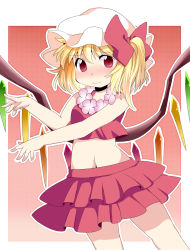 Rule 34 | 1girl, alternate costume, bad id, bad pixiv id, bare shoulders, blonde hair, blush, bow, dancing, embarrassed, female focus, flandre scarlet, flower, flower necklace, hair bow, hammer (sunset beach), hat, highres, jewelry, lei, midriff, navel, necklace, red eyes, short hair, side ponytail, simple background, skirt, solo, touhou, wings