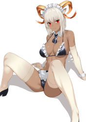 Rule 34 | 1girl, alternate costume, animal ears, arknights, bikini, black bra, black panties, blush, boots, bra, breasts, carnelian (arknights), cleavage, closed mouth, commentary request, dark-skinned female, dark skin, detached collar, elbow gloves, frills, gloves, horns, kageshio (276006), large breasts, maid, maid bikini, maid headdress, panties, red eyes, shadow, short hair, sitting, smile, solo, spread legs, swimsuit, thigh boots, thighhighs, thighs, unconventional maid, underwear, white background, white footwear, white gloves, white headwear