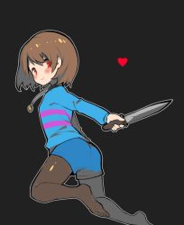 Rule 34 | 1girl, androgynous, bad id, bad pixiv id, breasts, brown hair, chara (undertale), closed mouth, commentary request, feet, female frisk (undertale), frisk (undertale), heart, jewelry, knife, looking at viewer, looking back, necklace, oshiruko (tsume), other focus, pantyhose, red eyes, shirt, short hair, shorts, simple background, small breasts, smile, soles, solo, striped clothes, striped shirt, striped sweater, sweater, toes, undertale