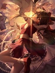 Rule 34 | 1girl, absurdres, armpits, back, bad id, bad pixiv id, bare shoulders, bow, brown eyes, brown hair, cloud, cloudy sky, detached sleeves, evening, film grain, flying, frilled skirt, frills, gohei, hair tubes, hakurei reimu, harusame (user wawj5773), highres, huge filesize, lens flare, long hair, looking at viewer, looking back, nontraditional miko, ofuda, red bow, red ribbon, red shirt, red skirt, ribbon, shirt, shoes, skirt, sky, socks, solo, sunlight, touhou, yin yang