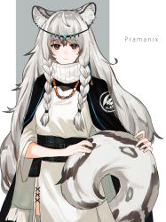 Rule 34 | 1girl, 3o c, animal ear fluff, animal ears, arknights, belt, black capelet, braid, capelet, character name, closed mouth, dress, grey eyes, grey legwear, highres, jewelry, leopard ears, leopard tail, long hair, long sleeves, looking at viewer, necklace, pramanix (arknights), side braids, silver hair, simple background, solo, standing, tail, turtleneck, twin braids, very long hair, white background, wide sleeves