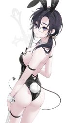 Rule 34 | 1girl, absurdres, animal ears, arm strap, ass, black hair, black hairband, black leotard, blue eyes, breast tattoo, breasts, closed mouth, commentary, commission, cross tattoo, demon tail, fake animal ears, glasses, hair ornament, hairband, highres, leotard, medium breasts, original, playboy bunny, pole, purple nails, rabbit ears, rabbit hair ornament, rabbit tail, side ponytail, solo, stripper pole, sweatdrop, symbol-only commentary, tail, tattoo, thigh strap, wrist cuffs, yeije