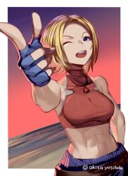Rule 34 | 1girl, abs, akisa yositake, bare shoulders, blonde hair, blue eyes, blue gloves, blue mary, bob cut, breasts, crop top, fatal fury, fingerless gloves, gloves, large breasts, looking at viewer, muscular, muscular female, navel, one eye closed, open mouth, parted hair, red tank top, short hair, sleeveless, sleeveless turtleneck, smile, solo, tank top, the king of fighters, turtleneck