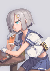 Rule 34 | 10s, 1girl, admiral (kancolle), aqua eyes, bad id, bad pixiv id, breasts, collarbone, covered erect nipples, drink, drinking, drinking straw, grabbing, grabbing another&#039;s breast, hair ornament, hair over one eye, hairclip, hamakaze (kancolle), highres, jitome, kantai collection, katahira (hiyama), large breasts, looking away, miniskirt, no bra, pantyhose, pleated skirt, puffy nipples, short hair, silver hair, simple background, sitting, skirt, solo focus, table