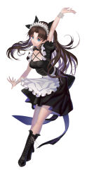 Rule 34 | 1girl, alternate costume, apron, arm up, black bow, black choker, black footwear, black shirt, black skirt, blue eyes, boots, bow, breasts, brown hair, choker, cleavage, closed mouth, collarbone, criss-cross halter, enmaided, fate/stay night, fate (series), floating hair, frilled apron, frills, full body, hair bow, hair intakes, halterneck, highres, knee boots, long hair, maid, medium breasts, miniskirt, shirt, short sleeves, simple background, skirt, smile, solo, standing, tohsaka rin, twintails, vanink, very long hair, waist apron, white apron, white background, wrist cuffs